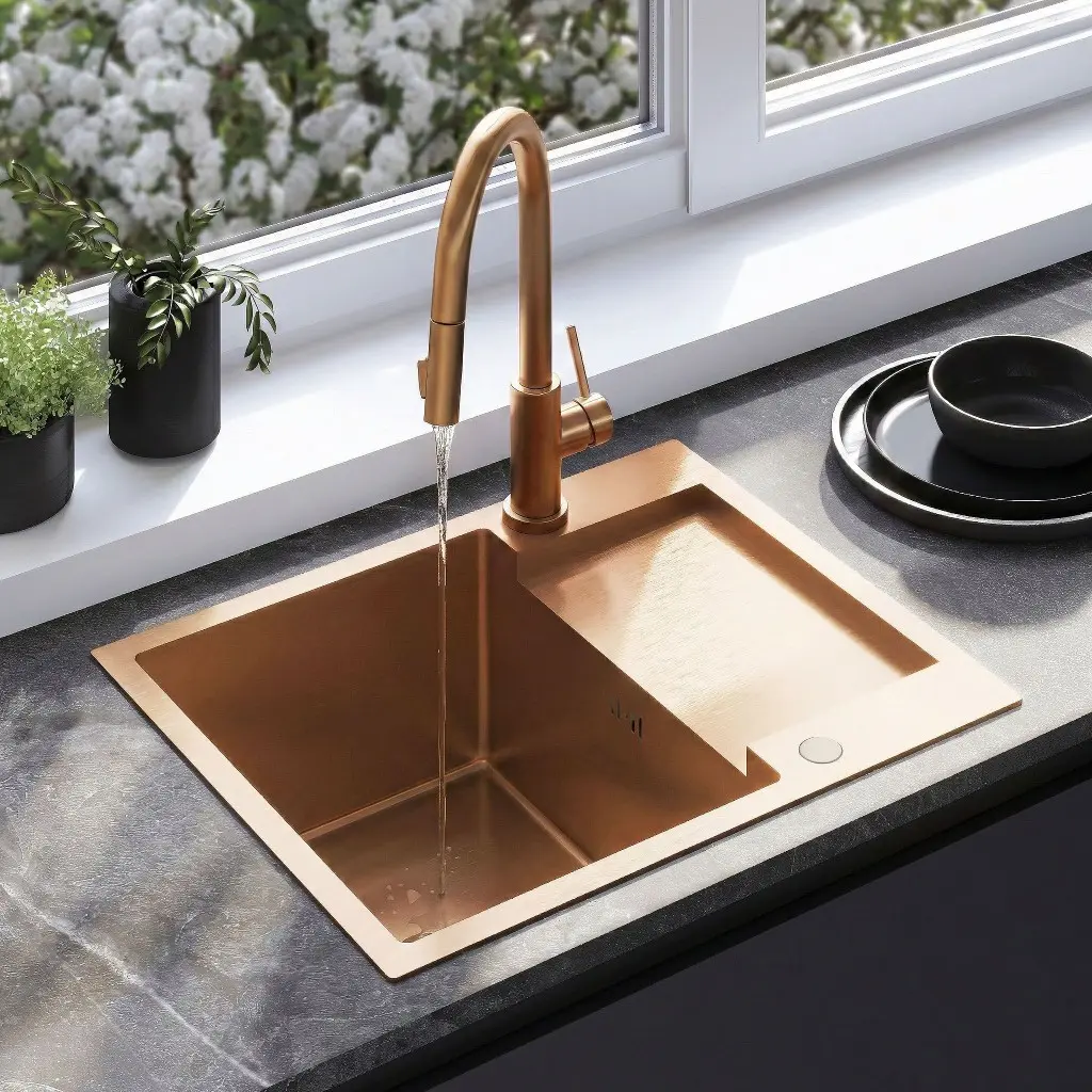 REA/S Ocelový dřez Paul BRUSH COPPER s kuchyňskou baterií KPL-06017