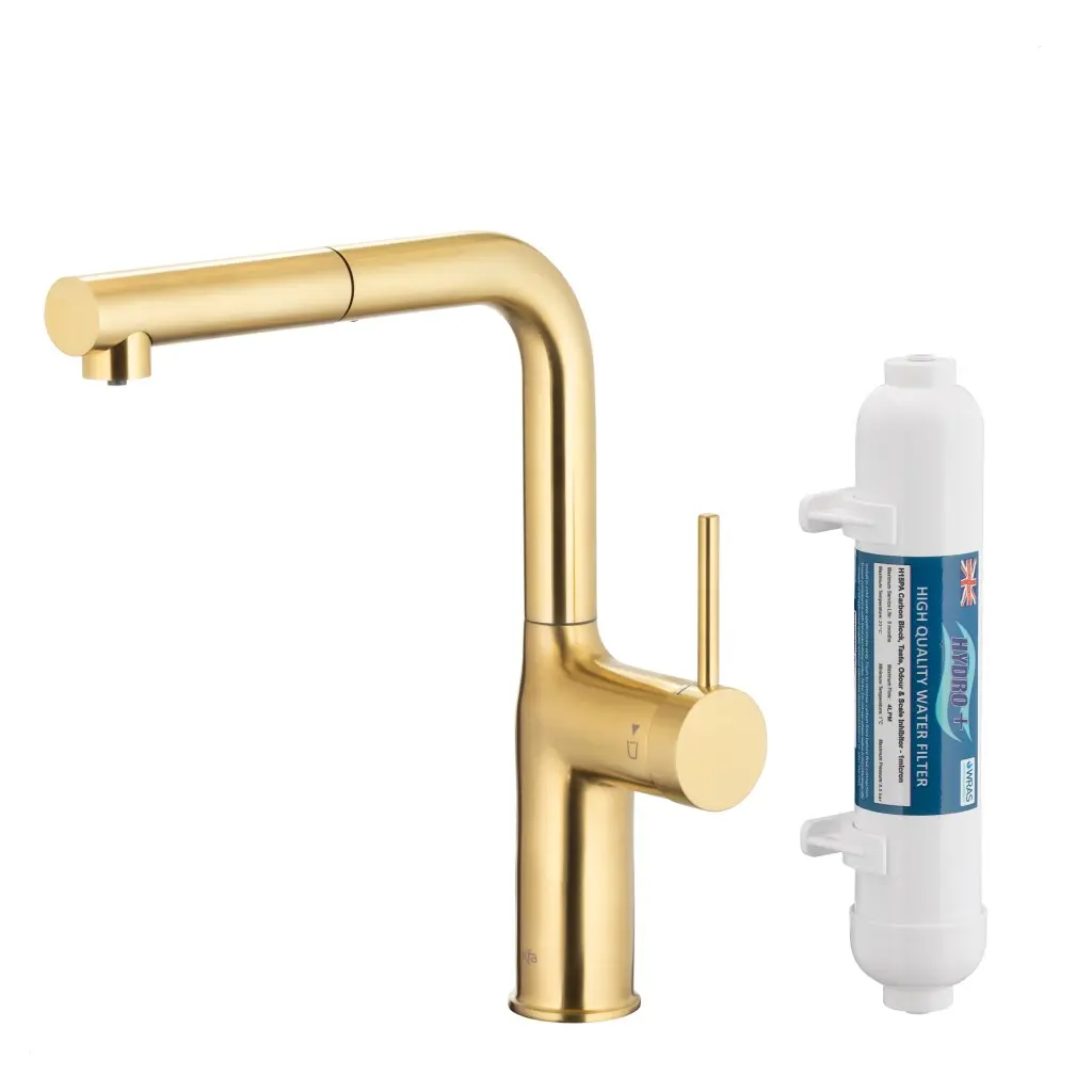 KFA Duero Pure Move Pull-Out, filtrační s otočnou výtokovou trubicí, broušené světlé zlato + filtr HYDRO+ 6623-422-39