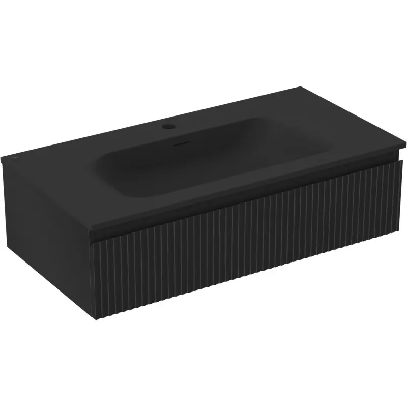 MEXEN/S Rivel koupelnová skříňka 90 cm s umyvadlem Vela, 1 šuplík, reliéf , černá mat 91A20-09023-1-BF71-W23M71