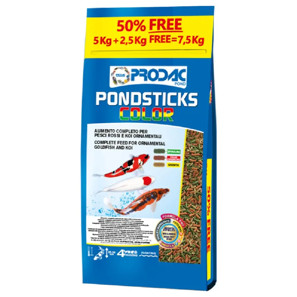 Základní krmivo pro okrasné rybičky Prodac Pondsticks Color 5kg + 50% free