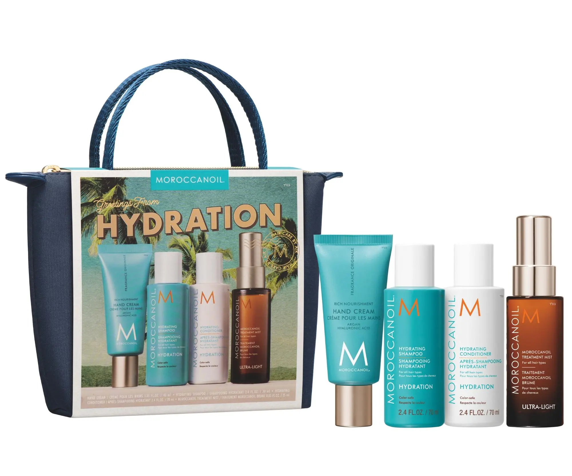 Cestovní sada pro hydrataci vlasů Moroccanoil Greetings From Hydration + krém na ruce a taštička zdarma + dárek zdarma