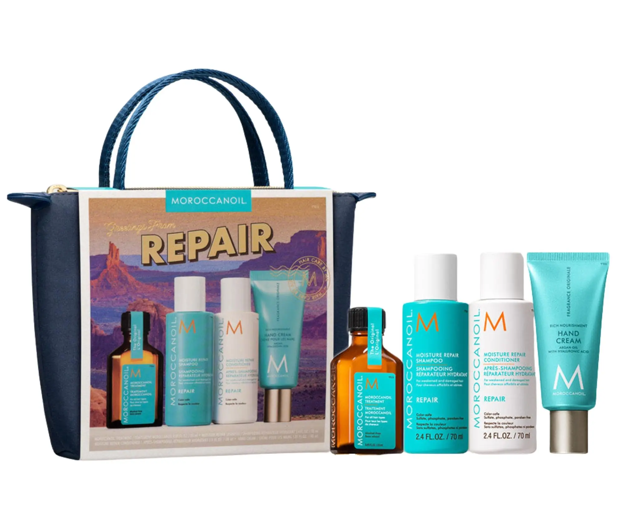 Cestovní sada pro regeneraci suchých vlasů Moroccanoil Greetings From Repair + krém na ruce a taštička zdarma + dárek zdarma