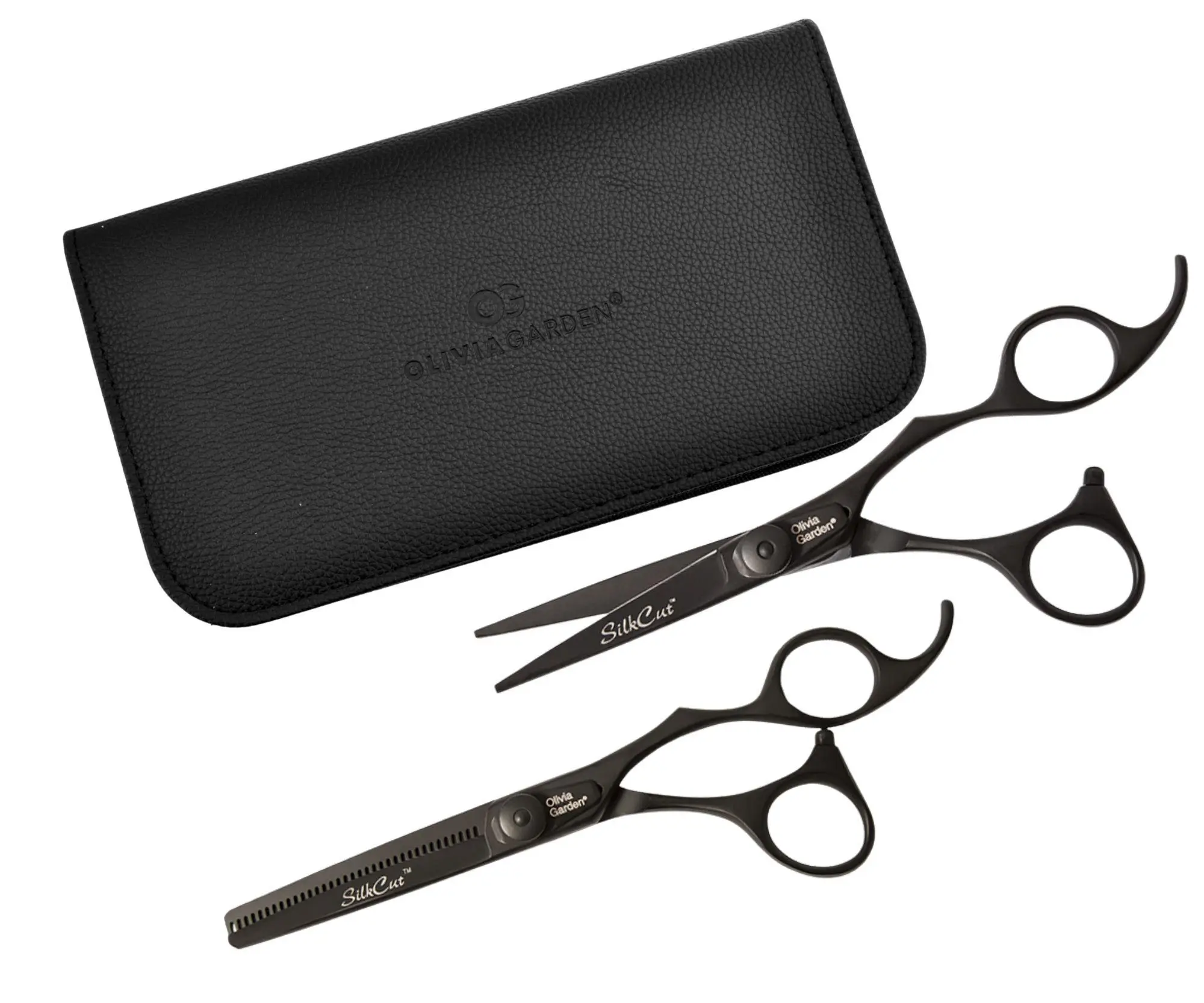 Sada kadeřnických nůžek 5,75" a efilačních nůžek 6,35" Olivia Garden SilkCut Pro Matt Black (575/635Matt) + dárek zdarma