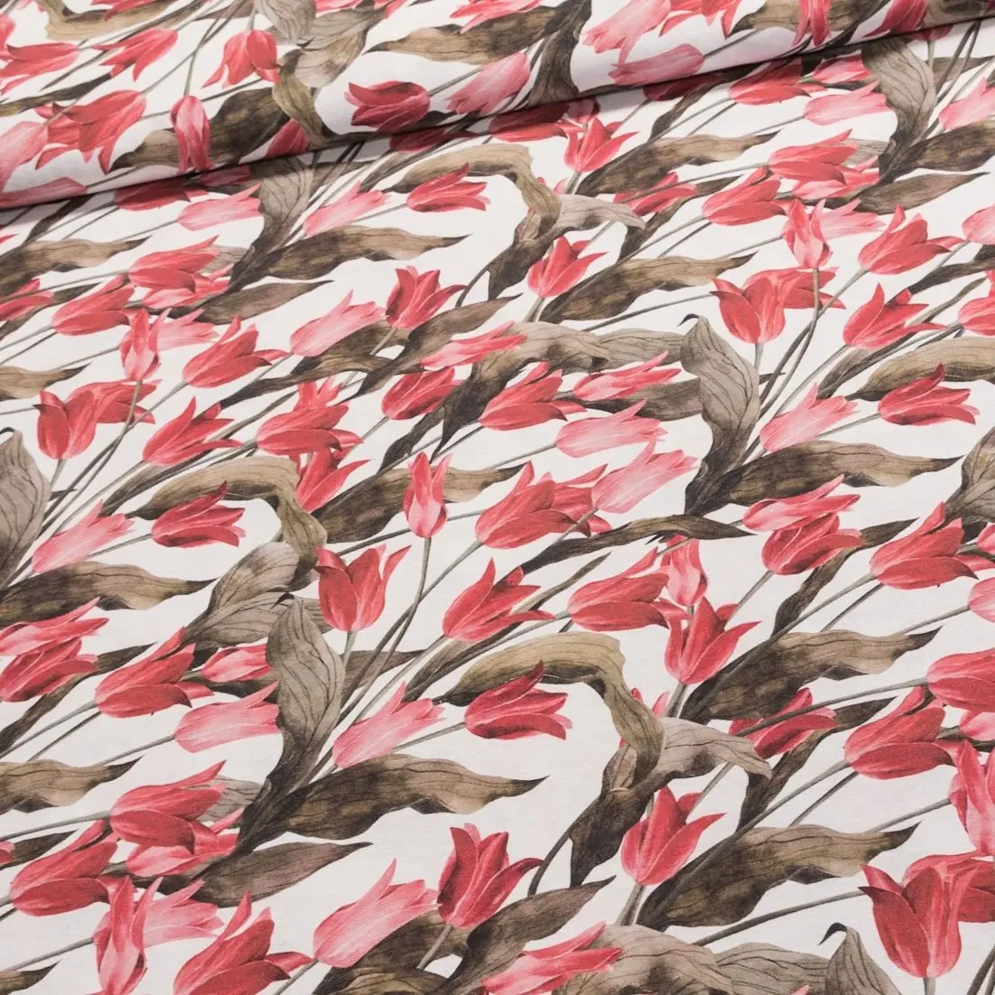 Směsové plátno červené tulipány, š.140cm (látka v metráži)