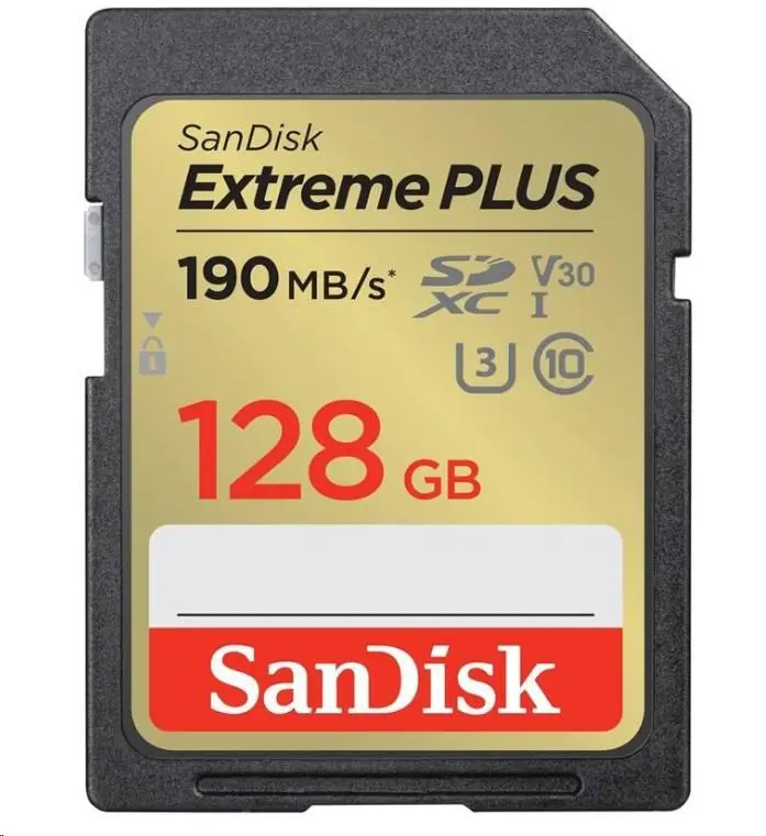 SanDisk Extreme PLUS 128 GB SDXC Memory Card 190 MB/s and 90 MB/s, UHS-I, Class 10, U3, V30