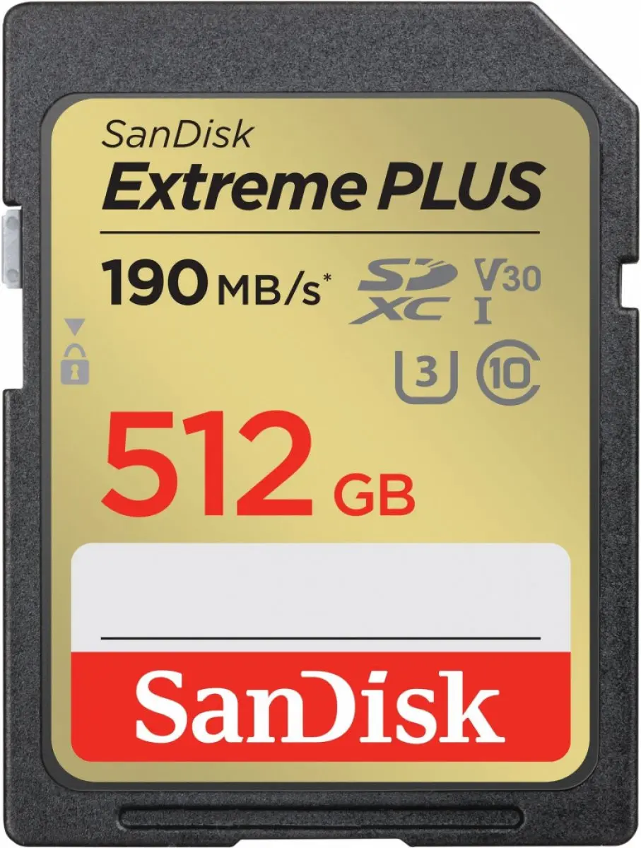 SanDisk Extreme PLUS 512 GB SDXC Memory Card 190 MB/s and 130 MB/s, UHS-I, Class 10, U3, V30