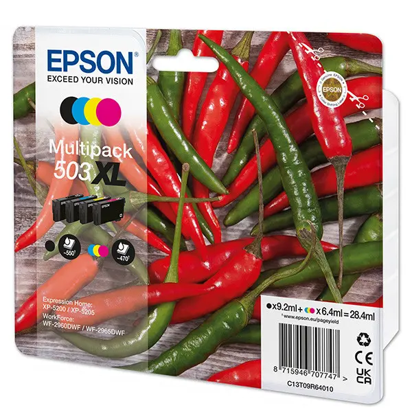 Epson 503XL inkoustová náplň 4 kusů Originální Vysoká (XL) výtěžnost Černá, Azurová, Purpurová, Žlut C13T09R64010