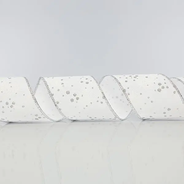Eurolamp Vánoční dekorace bílá stuha s listy a stříbrnými třpytkami, 6,35 cm, 1 ks