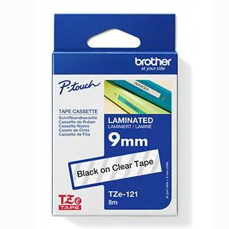 Brother originální páska do tiskárny štítků, Brother, TZE-121, černý tisk/průsvitný podklad, laminovaná, 8m, 9mm