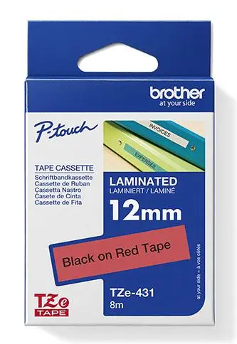 Brother originální páska do tiskárny štítků, Brother, TZE-431, černý tisk/červený podklad, laminovaná, 8m, 12mm