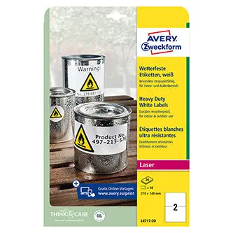 Avery Zweckform etikety 210mm x 148mm, A4, matné, bílé, 2 etikety, velmi odolné, baleno po 20 ks, L4717-20, pro laserové tiskárny