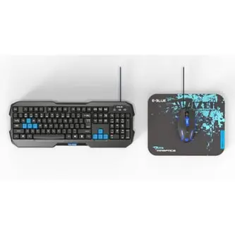 E-blue Polygon sada klávesnice drátová (USB) US, černo-modrá s myší Cobra II, herní, a podložkou Mazer Marface S typ, DOPRODEJ