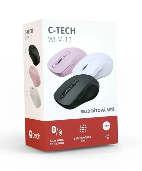 C-TECH WLM-12PK/Ergonomická/Optická/Pro praváky/1 600 DPI/USB+BT/Růžová WLM-12PK