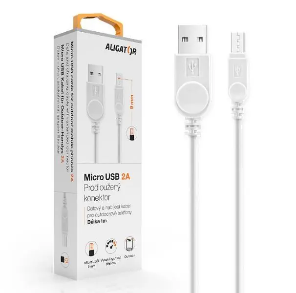 Aligator kabel microUSB prodloužený kon. 9mm Bílý, DAKAMUOUTWT