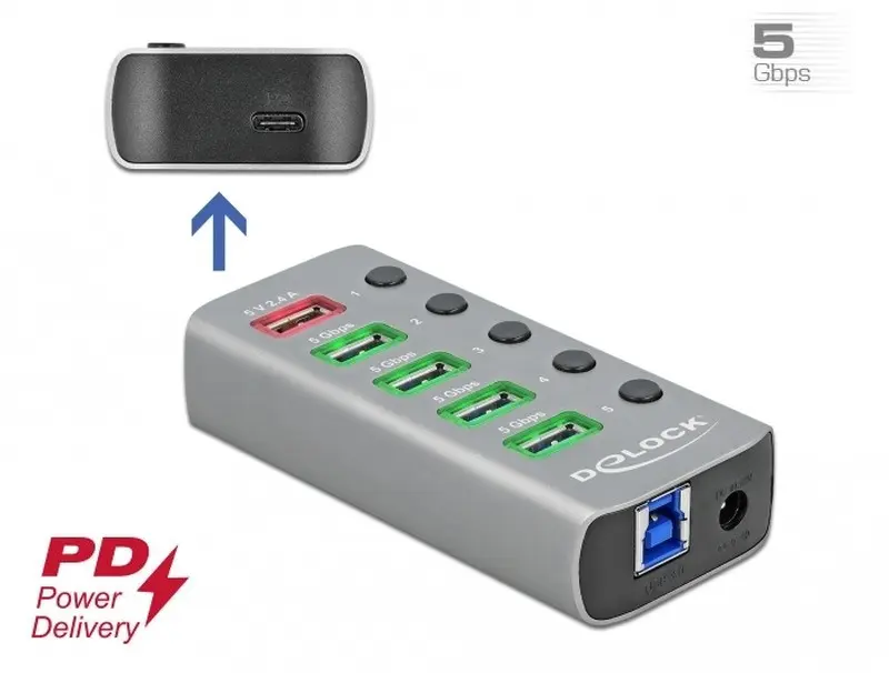 Delock Rozbočovač USB 3.2 Gen 1 se 4 porty + 1 rychlonabíjecím portem + 1 portem USB-C PD 3.0 s přepínačem a osvětlením