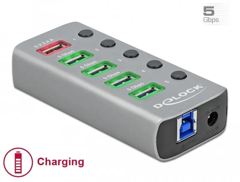 Delock Rozbočovač USB 3.2 Gen 1 se 4 porty + 1 rychlonabíjecím portem s přepínačem a osvětlením