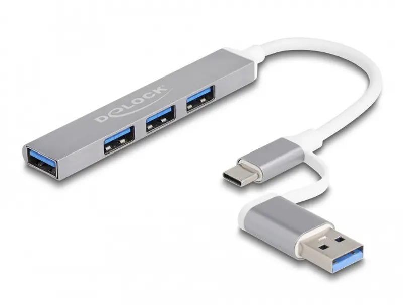 Delock 4 portový tenký USB Hub s USB Type-C nebo USB Typu-A na 3 x USB 2.0 Typ-A samice + 1 x USB 5 Gbps Typ-A samice