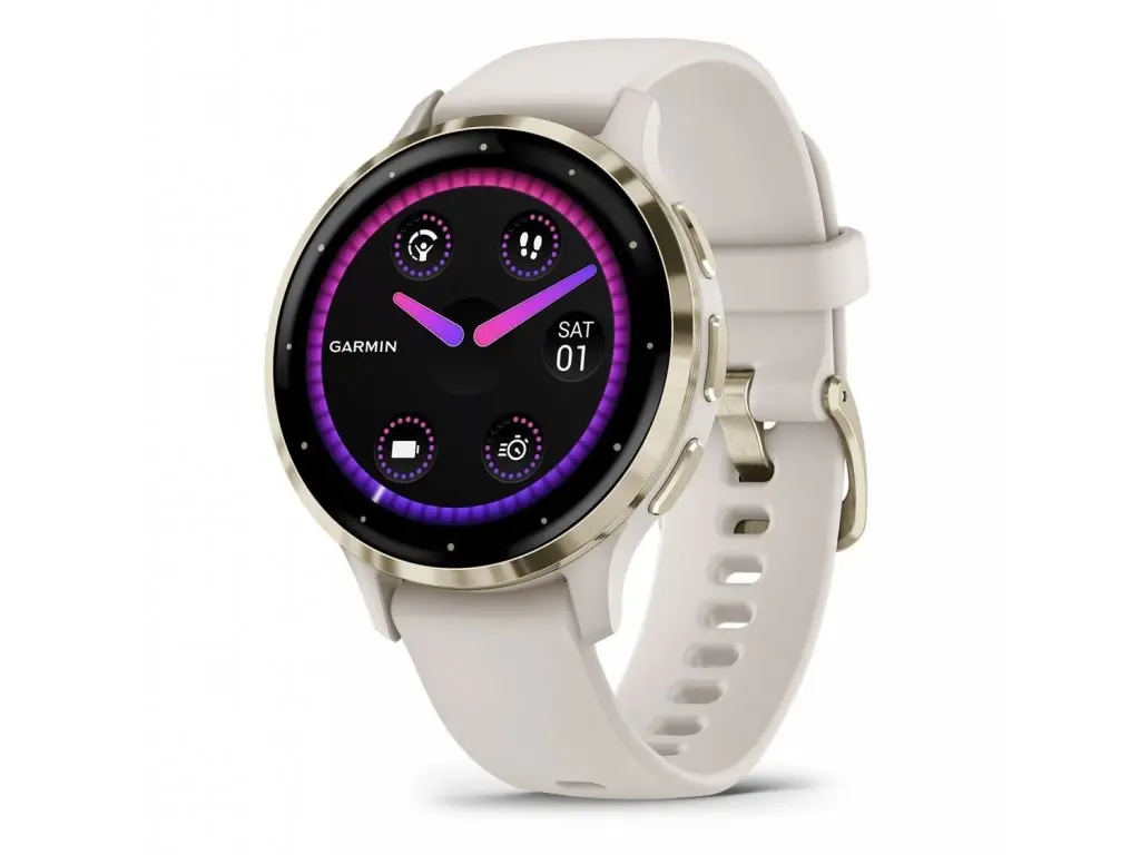 Garmin Venu® 3S, Nerezová luneta Soft Gold, pouzdro Ivory, silikonový řemínek