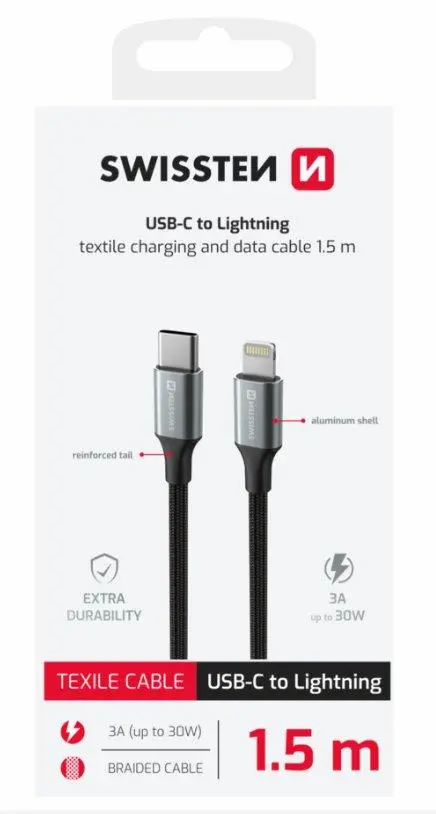 SWISSTEN DATOVÝ KABEL TEXTILE II USB-C / LIGHTNING 1,5 M ČERNÝ