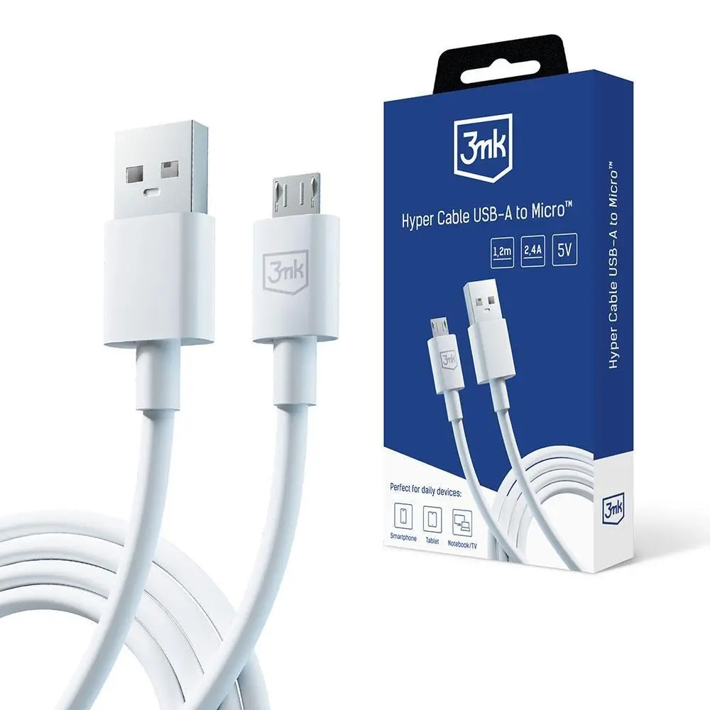 3mk datový kabel - Hyper Cable A to Micro 1.2m 5V 2, 4A, bílá