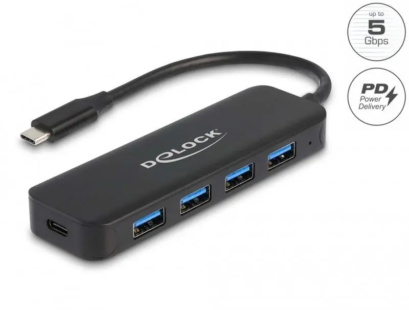 Delock Rozbočovač USB Type-C, 4 porty, USB 3.2 Gen 1 a s Power Delivery, 85 W