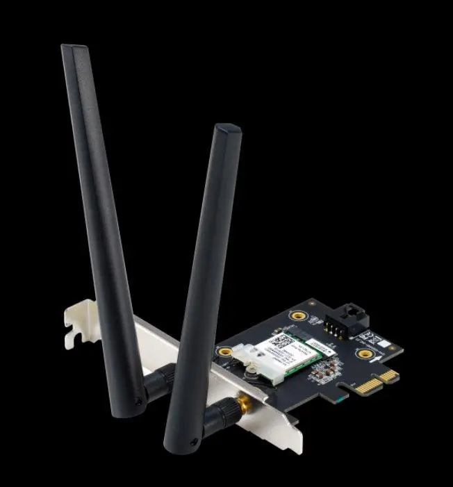ASUS PCE-AXE5400, WiFi 6E PCI-E adaptér se 2 externími anténami. Podpora pásma 6 GHz, 160 MHz, Bluetooth 5.2
