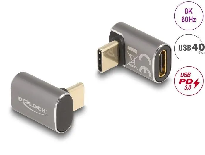 Delock USB Adaptér 40 Gbps USB Type-C PD 3.0 100 W samec na samice pravoúhlý 8K 60 Hz kovová