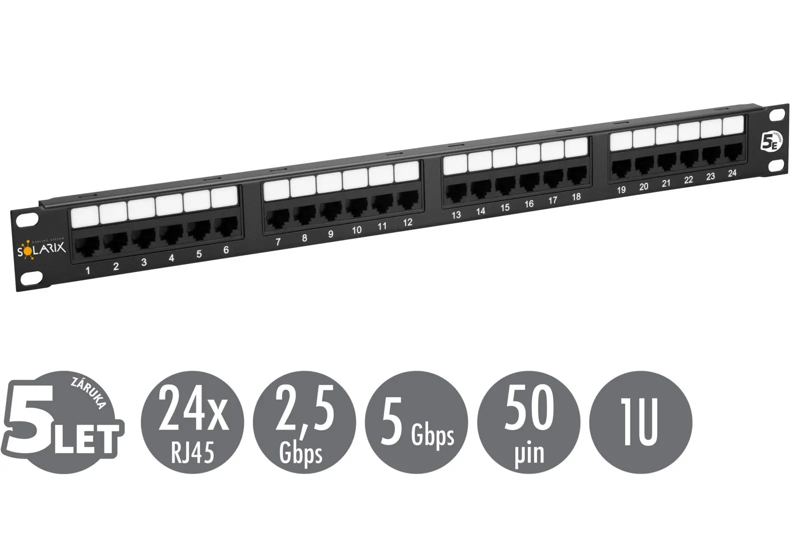 19" patch panel Solarix 24 x RJ45 CAT5E UTP 150 MHz černý 1U SX24-5E-UTP-BK
