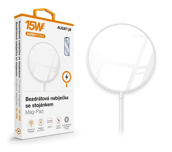 ALIGATOR bezdrátová nabíječka ALIGATOR Mag-Pad, určeno pro MagSafe, 15W, bílá