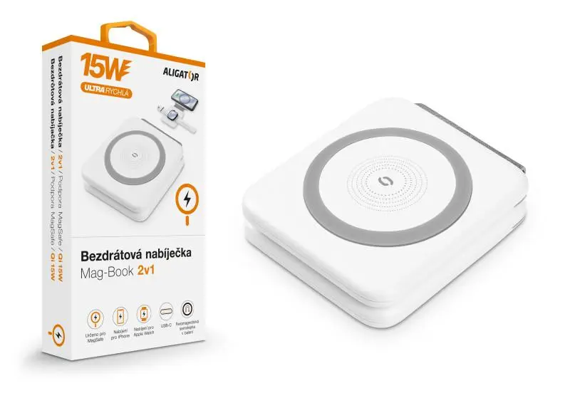 Bezdrátová nabíječka ALIGATOR Mag-Book 2v1, určeno pro MagSafe a nabíjení Apple Watch, 15W, bílá
