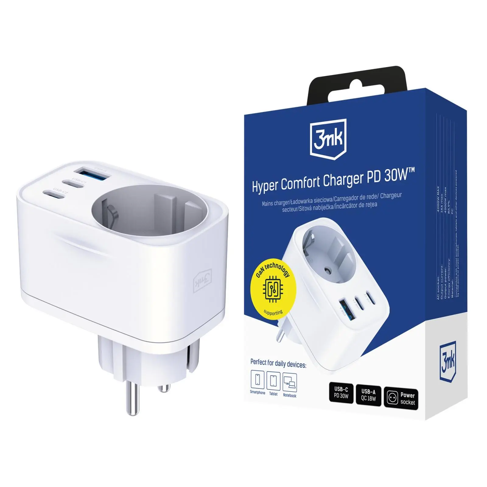 3mk síťová nabíječka Comfort Charger GaN 30W, bílá
