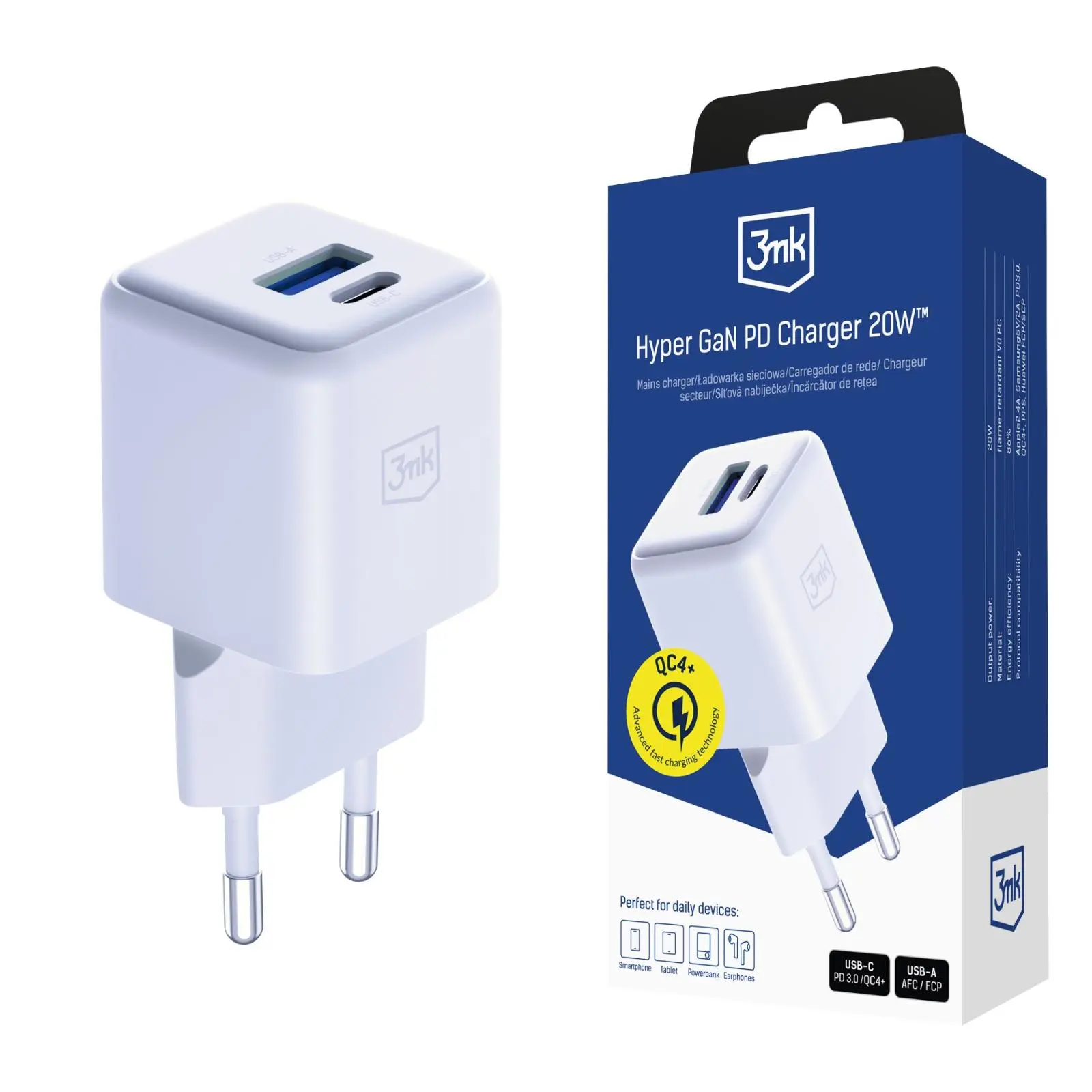 3mk - Wall Charger Hyper síťová nabíječka (USB-A+USB-C, GaN technologie, QC4+PD, 20W) - bílá