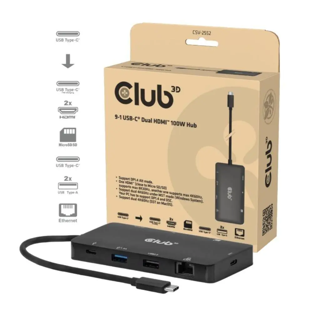 Club3D Dokovací stanice USB-C 9v1, 2xHDMI, 1xUSB-C, 1xUSB-C PD, 2xUSB, 1xRJ45, microSD/SD, černá