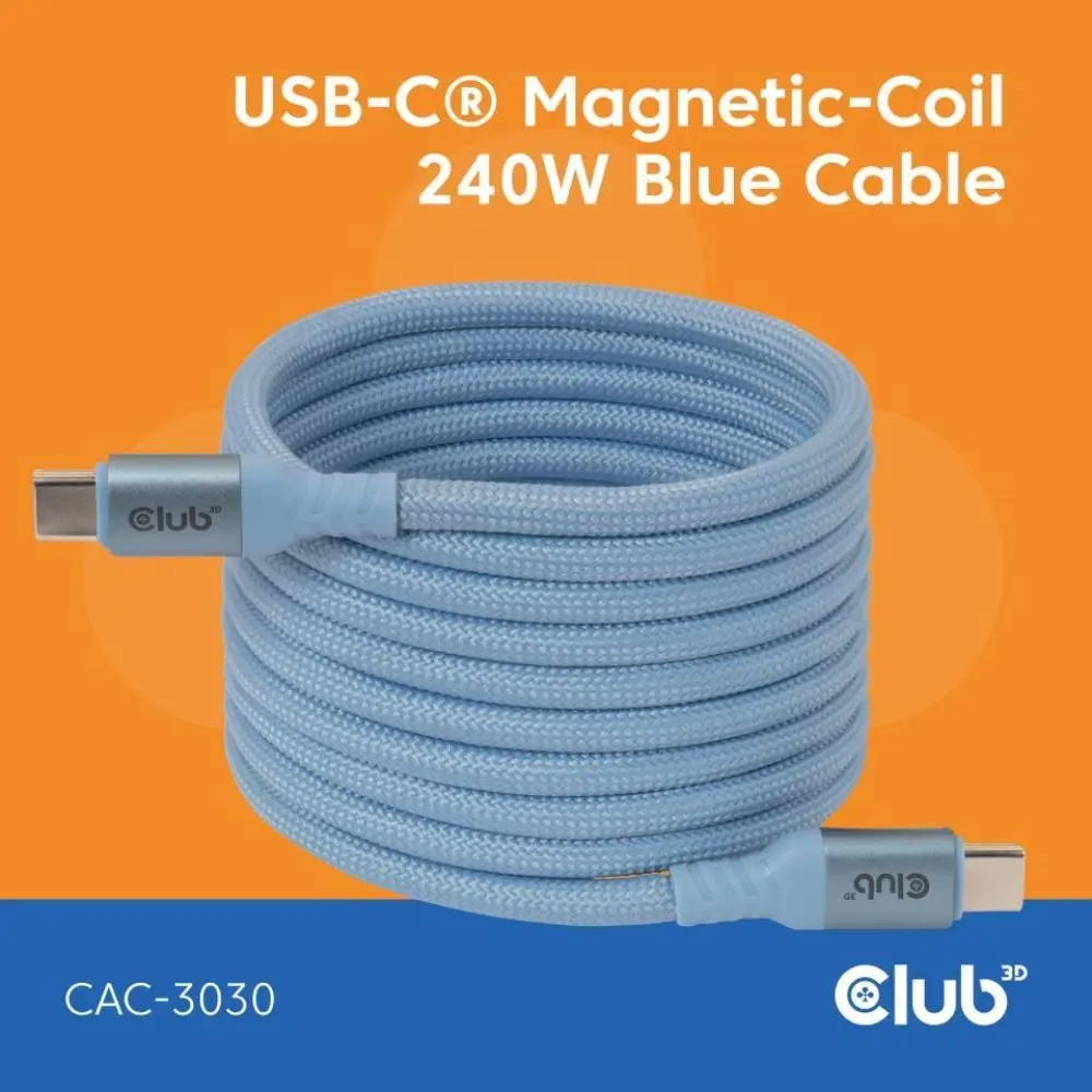 Club3D Kabel magnetický USB-C, 240W PD3.1, 480 Mbps, 2m, modrá