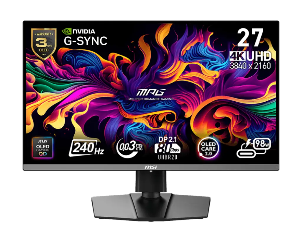 MSI MPG 272URX QD-OLED,26,5" QD-OLED/4K 3840x2160/ 240Hz/0,03ms/2x HDMI/DP/USB-A,B,C/Výškově nastavitelný/Pivot/černá