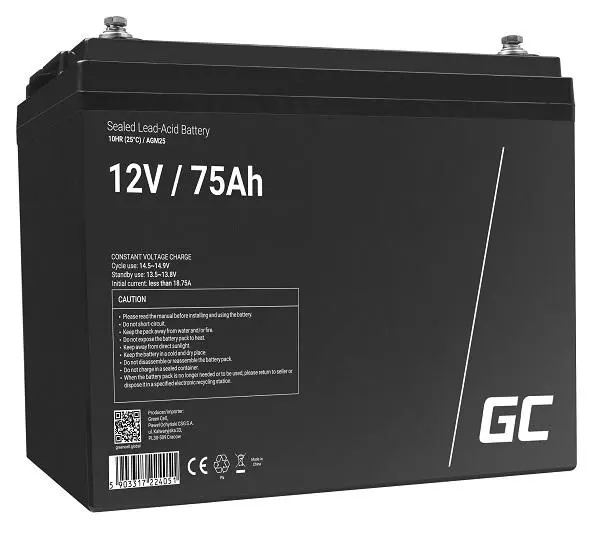 Green Cell AGM VRLA 12V 75Ah bezúdržbová baterie pro obytné vozy, fotovoltaické systémy, lodě