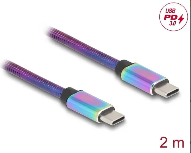 Delock Kabel USB 2.0 ze zástrčky USB Type-C na zástrčku, s duhovým kovovým pláštěm, PD 3.0, 60 W, 2 m