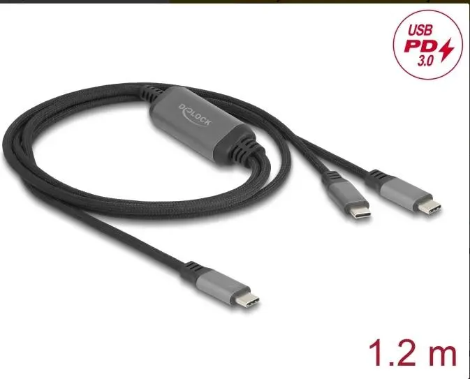 Delock Kabel USB-C ve tvaru Y, z 1 x zástrčky na 2 x zástrčky PD 3.0, 100 W inteligentní rozvod proudu, 1,2 m