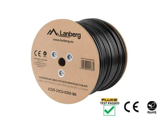 LANBERG LAN KABEL CAT.5E UTP 305M PEVNÝ VENKOVNÍ CU ČERNÝ FLUKE PASS