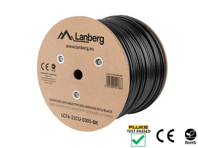LANBERG LAN KABEL CAT.6 FTP 305M PEVNÝ VENKOVNÍ CU ČERNÝ FLUKE PŘEDÁN