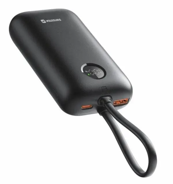 Swissten Power bank VOLTBOX 35W 10000 mAh s integrovanými kabely - USB-C, A, Lightning / černá