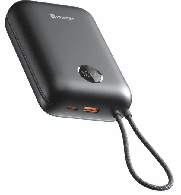 Powerbank Swissten Voltbox 30000 mAh s integrovanými kabely USB-C a Lightning 35W černá
