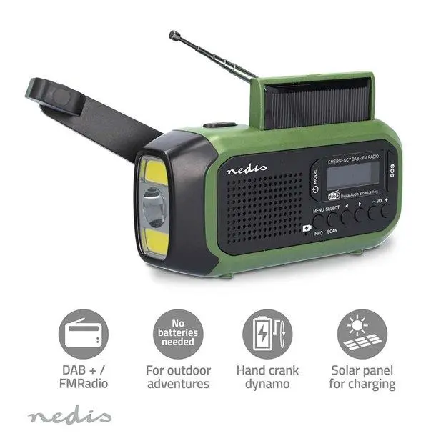 Nedis Nouzové rádio DABFM s ručním, solárním nebo USB nabíjením a budíkem - přenosné, černo-zelené