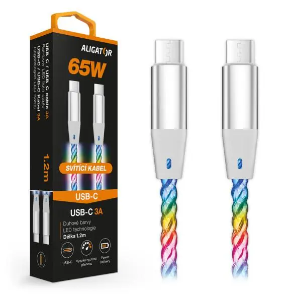Datový kabel ALIGATOR POWER 3A 65W, USB-C/USB-C, 1,2m svítící DATKP62
