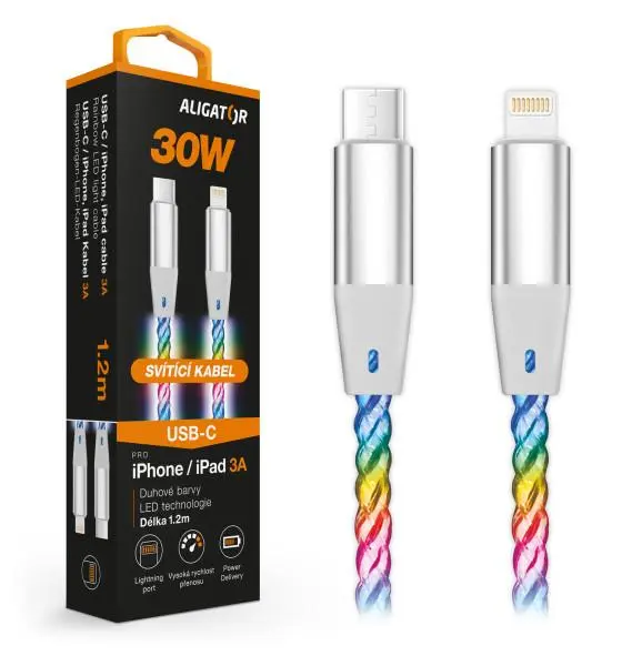 Datový kabel ALIGATOR POWER 3A 30W, USB-C/Lightning, 1,2m svítící DATKP63