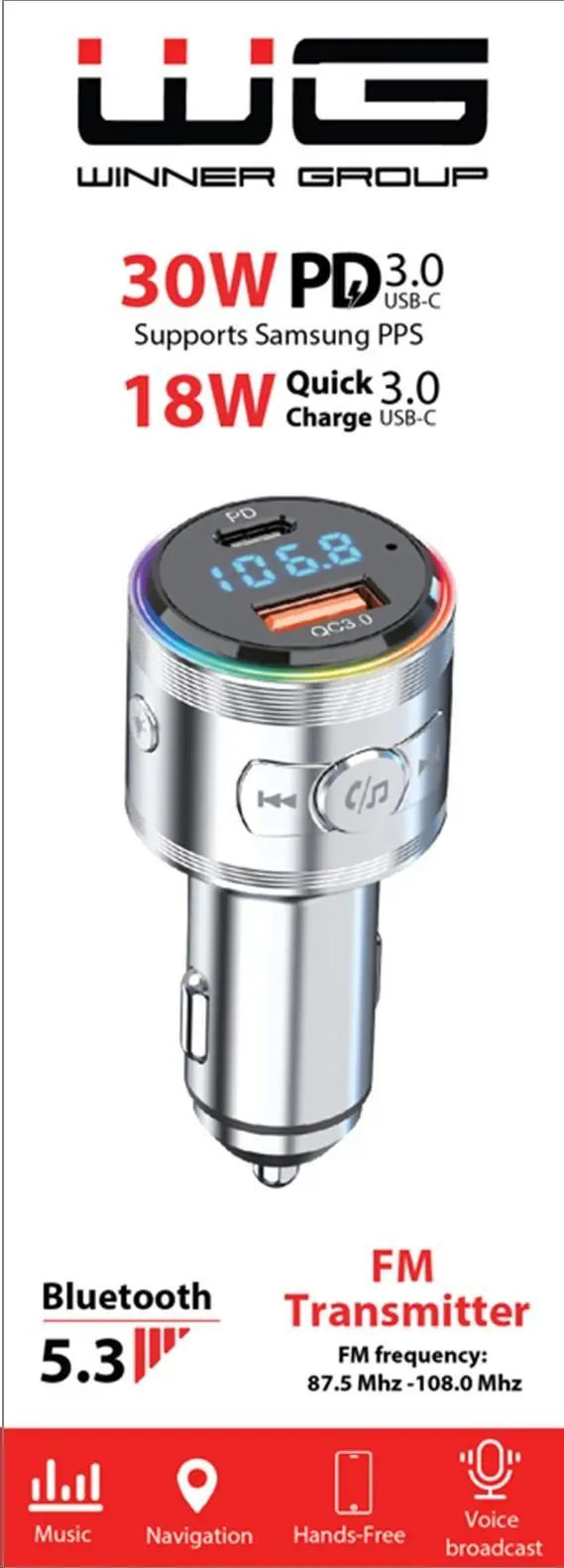 WG - Nabíječka do auta, Transmitter FM, USB-A QC 3.0 18W + USB-C PD 30W, stříbrná