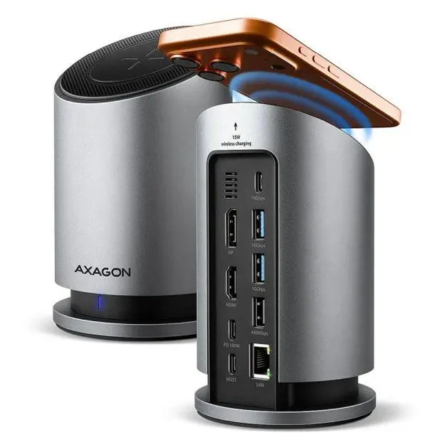 AXAGON HMC-WL9, USB-C 10Gbps dokovací stanice s Qi, HDMI + DP 4k/60Hz, 4x USB, RJ-45 GLAN, PD 100W