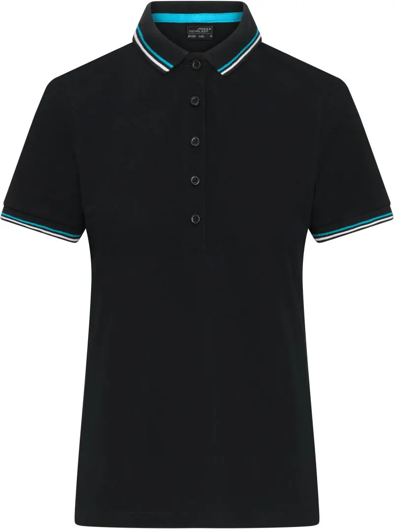 Dámské těžké piqué polo s proužky - black/white/turquoise