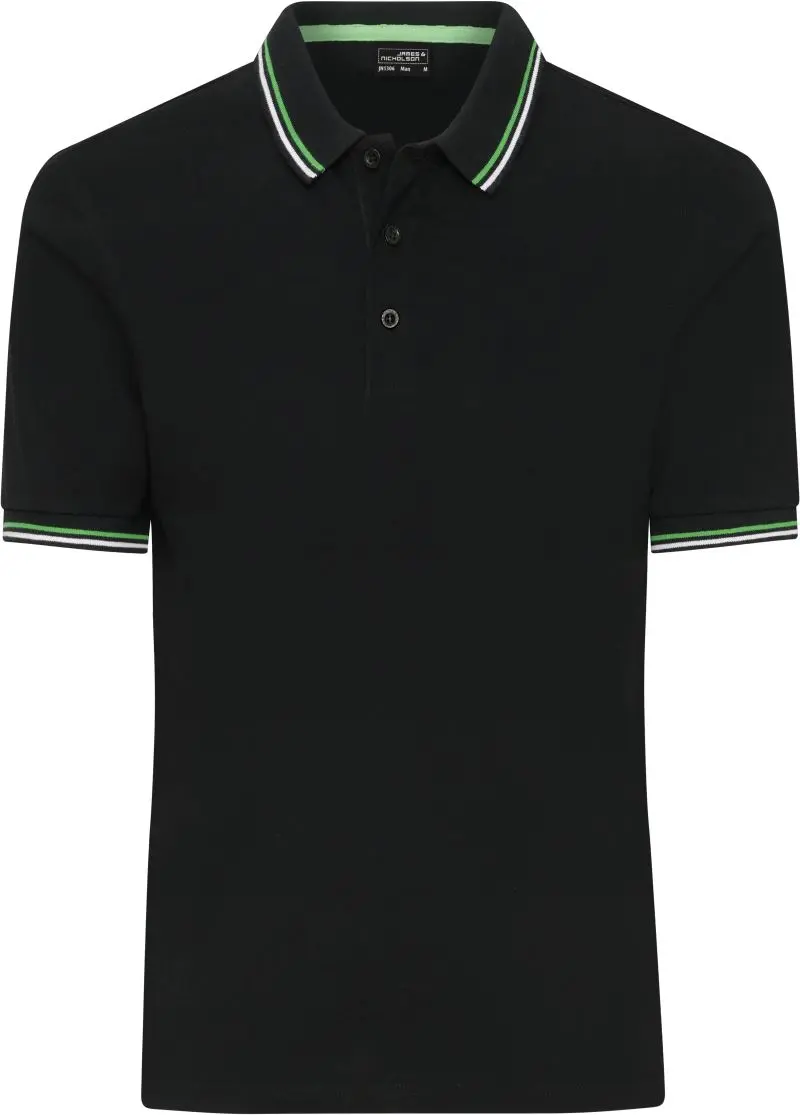 Pánské těžké piqué polo s kontrastními proužky - black/white/lime green