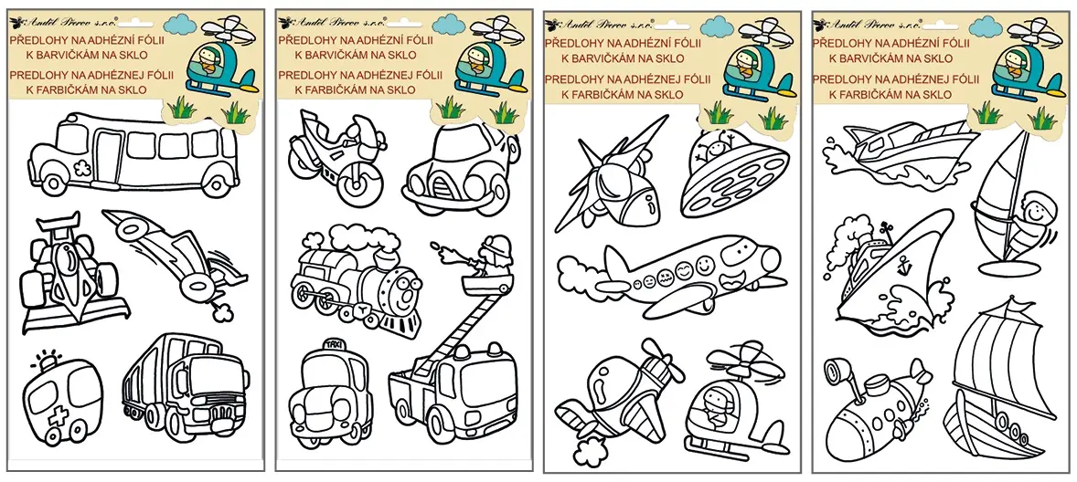 Předlohy na malování na sklo s vyvýšenou konturou - dopravní prostředky 30 x 21 cm